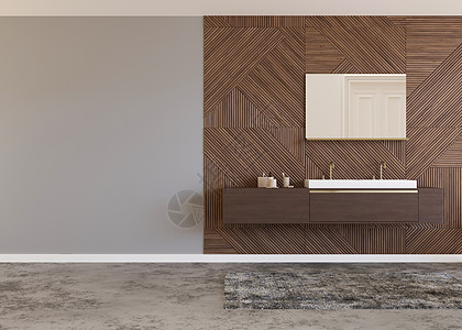 美丽而现代的浴室 木板 脸盆 现代风格的家庭室内装饰 豪华浴室模拟 免费复制您的家具 散热器或其他细节的空间 3D 渲染图片
