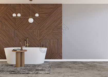 美丽而现代的浴室 木板 浴缸 现代风格的家庭室内装饰 豪华浴室模拟 免费复制您的家具 散热器或其他细节的空间 3D 渲染图片
