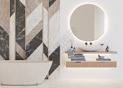 美丽 轻盈 现代的浴室 白色和大理石纹理 浴缸 脸盆 现代风格的家庭室内装饰 豪华浴室设计 室内设计项目 3D 渲染图片