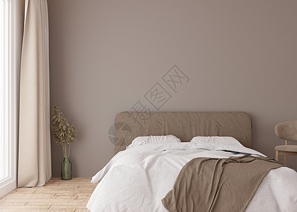 现代卧室的空棕色墙 模拟斯堪的纳维亚 波西米亚风格的室内装饰 免费复制您的图片 文本或其他设计的空间 床 蒲苇 3D 渲染图片