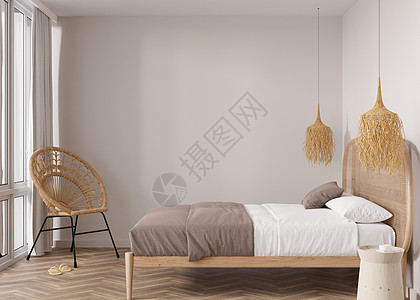 现代卧室的空米色墙 模拟波西米亚风格的室内装饰 免费复制您的图片 文本或其他设计的空间 床 藤扶手椅 3D 渲染图片