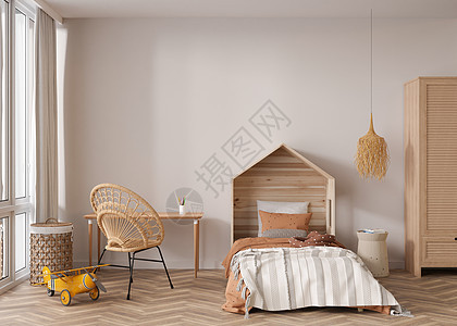 现代儿童房的空墙 模拟波西米亚风格的室内装饰 为您的图片或海报免费复制空间 床 藤椅 玩具 舒适的儿童房 3D 渲染图片