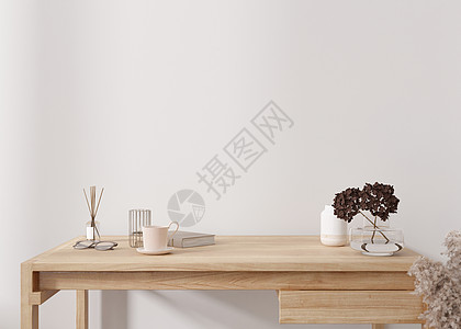 空的白墙 模拟现代风格的室内装饰 特写视图 为您的图片 海报 文本或其他设计复制空间 书桌 带干植物的花瓶 其他家居饰品 3D 图片