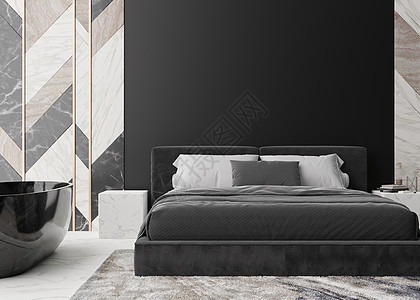 现代卧室的空黑墙 模拟现代风格的室内装饰 免费复制您的图片 文本或其他设计的空间 卧室浴缸 大理石墙板 3D 渲染图片