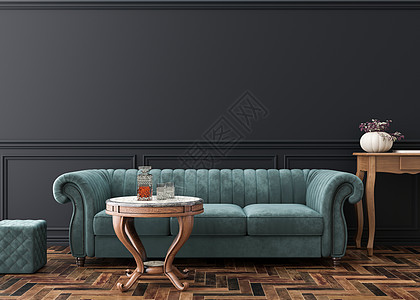 现代客厅里空荡荡的黑墙 模拟经典风格的内饰 复制图片 海报的空间 图稿的模板 蓝色天鹅绒沙发 拼花地板 墙饰条 3D 渲染背景图片