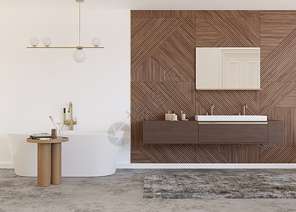 美丽 轻盈 现代的浴室 白色和木质纹理 浴缸 脸盆 现代风格的家庭室内装饰 豪华浴室设计 室内设计项目 3D 渲染图片