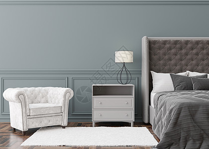 现代卧室的空墙 模拟经典风格的内饰 复制图片 海报的空间 图稿的模板 床 扶手椅 地毯 墙饰条 3D 渲染图片
