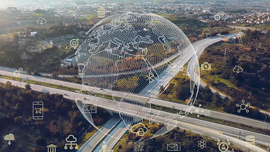现代公路和数据技术概念 智能交通 ITS 智能交通系统 移动即服务市场定位社会经济蓝色基础设施商业鸟瞰图导航图像图片