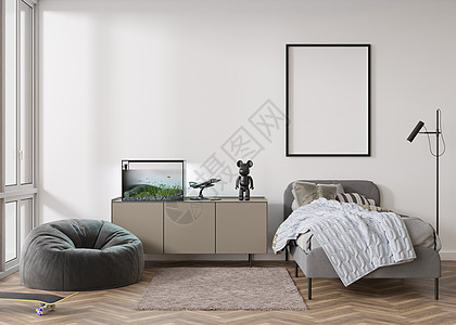 现代儿童或青少年房间白墙上的空垂直相框 模拟现代风格的室内装饰 免费 复制图片 海报的空间 床 餐具柜 舒适的儿童房 3D 渲染图片