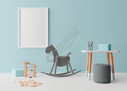 现代儿童房蓝色墙壁上的空垂直相框 模拟斯堪的纳维亚风格的内饰 免费 为您的图片复制空间 摇马 桌子 玩具 舒适的儿童房 3D 渲图片