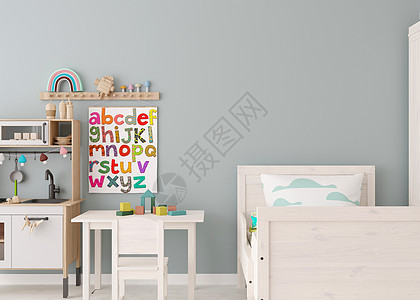 现代儿童房的空墙 模拟斯堪的纳维亚风格的内饰 为您的图片或海报复制空间 床 桌椅 玩具 舒适的儿童房 3D 渲染背景图片