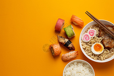 一套日式日本盘子酱油健康面条广告菜单肉汤烹饪美食橙子筷子图片