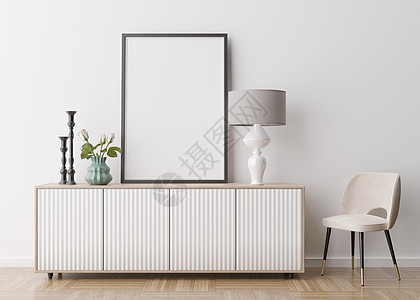 现代客厅白墙上的空垂直相框 模拟现代风格的室内装饰 图片 海报的自由空间 控制台 扶手椅 台灯 鲜花 3D 渲染图片