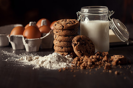 巧克力饼干在生锈木制桌子上 配有牛奶 白面粉 新鲜鸡蛋 奶油和碎屑食物面包屑芯片乡村饼干木头小吃葡萄干棕色糕点图片
