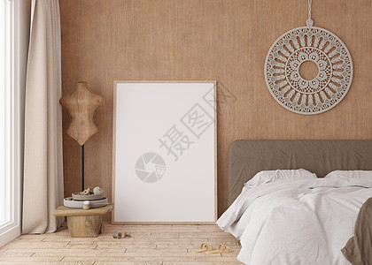 3D海报在现代卧室的镶木地板上站立的空垂直相框 模拟波西米亚风格的室内装饰 图片或海报的可用空间 床 花边 3D 渲染背景