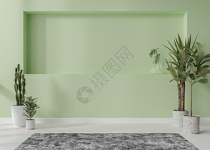 室内3D图有白色木地板 绿色墙壁和空的空间的室 植物 地毯 模拟室内 为您的家具 图片 装饰品和其他物品提供免费 复制空间 3D 渲染背景