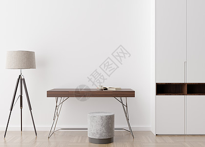 现代房间的空白墙 模拟现代风格的室内装饰 自由空间 为您的图片 海报复制空间 书桌 衣柜 台灯 3D 渲染背景图片