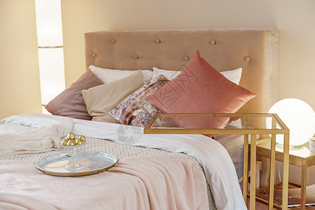 室内卧室内有浅色的木制家具和枕头 两边都有灯光建筑学房子地毯风格纺织品窗帘椅子奢华装饰酒店图片