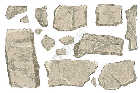 石头套装 卡通艺术破碎的岩石块 逼真的纹理碎片山隔离在白色 天然巨石墙形状 水彩风格 崖滩彩石 矢量图古生物学瓦砾巨石博物馆考古图片