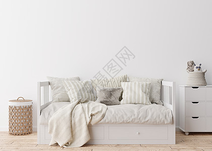 现代儿童房的空白墙 模拟斯堪的纳维亚风格的内饰 为您的图片 海报免费复制空间 床 藤篮 玩具 舒适的儿童房 3D 渲染嘲笑3d孩背景图片