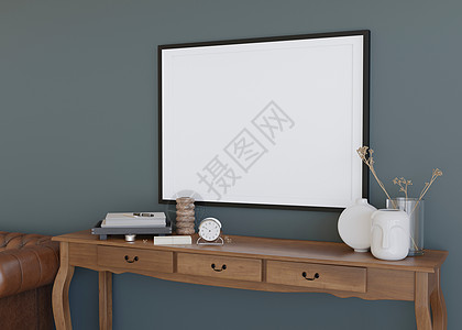 现代客厅蓝色墙壁上的空水平相框 模拟现代 经典风格的室内装饰 免费 为您的图片复制空间 特写视图 3D 渲染图片