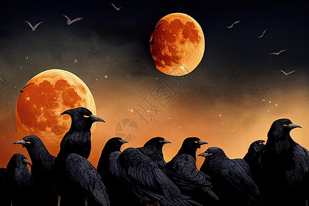 戏剧性神秘背景   满月升起 乌鸦群图片