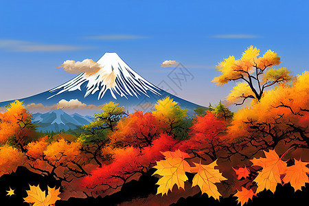 日本秋色的富士山 动漫风格地标旅行天空反射场景风景火山公吨日出摄影图片