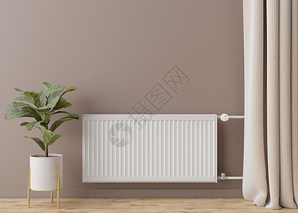 白色暖气散热器 在棕色墙上装有自动调温器 中央供暖系统 免费 复制文本空间 3D翻译图片