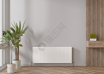 现代房间灰墙上的白色暖气散热器 中央供暖系统 免费 复制文本的空间 3D 翻译图片
