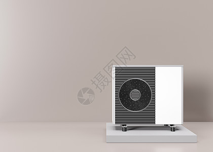 米色背景上的空气热泵 现代 环保的供暖 空气源热泵是一种高效的可再生能源 为您的文本 广告免费复制空间 3d 渲染图片