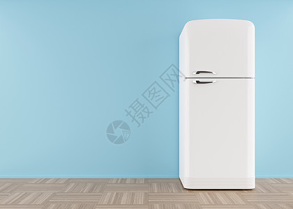 冰箱站在空荡荡的房间里 为文本或其他对象释放 复制空间 家用电器 现代厨房用具 带冰柜的白色冰箱 3d 渲染图片