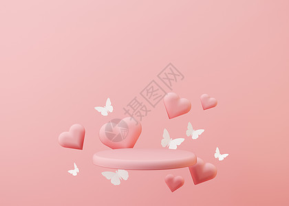 有飞翔的心和蝴蝶的粉红色讲台 妇女节 母亲节 婚礼 周年纪念日 产品 化妆品展示平台 小样 美容产品的基座 3D 渲染图片