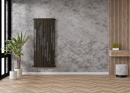 黑色现代暖气散热器 在当代房间的灰水泥墙上 中央供暖系统 3D转化图片