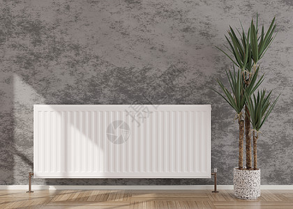 现代房间灰水泥墙上的白色暖气散热器 中央供热系统 免费 复制文本的空间 3D 翻译图片