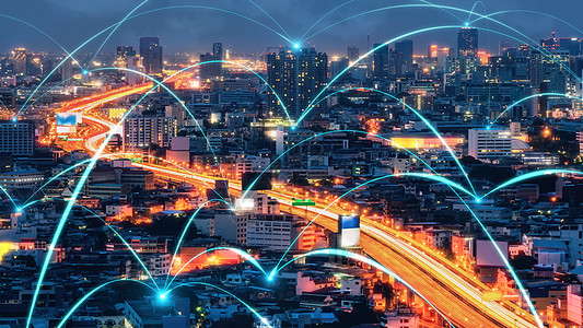 在城市景观上具有连接网络互惠性的智能数字城市技术传感器加密互联网建筑手机行星营销人工智能软件图片