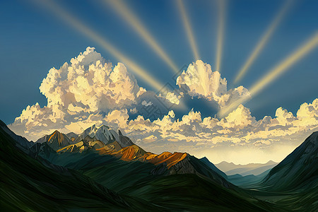 在麦加纳山谷的山上 有阳光和云彩太阳天气顶峰天堂戏剧性天空晴天旅行蓝色森林图片