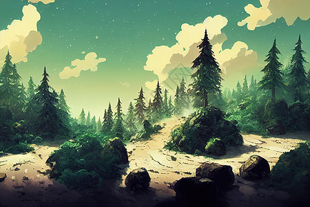 有石头的森林景观 手绘图画 动画风格图片