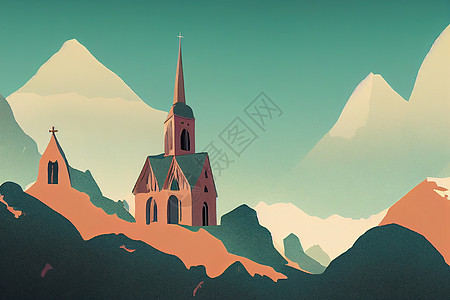 美丽的山谷教堂 2D插图 2d风格图片