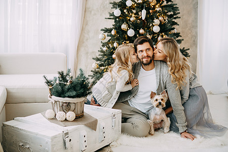 幸福的家庭 妈妈 爸爸和宠物 家庭在明亮的新年内地 有圣诞树父母庆典母亲孩子女儿微笑享受家居正面沙发背景图片