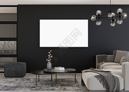 LED 电视与空白的白色屏幕 挂在家里的墙上 电视模拟 复制广告 电影 应用程序演示的空间 空电视屏幕准备好您的设计 现代内饰 图片