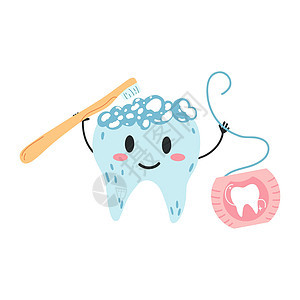 用卡通平板风格的牙刷和牙线手工画成kawaii牙性格 口腔卫生 牙科护理概念等牙齿清洁过程的矢量说明图片