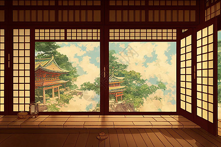 幻想的日本圣殿和窗子在门外看着俄罗斯 3D变成动画风格的壁纸动漫樱花宗教雕像卡通寺庙渲染天空精神历史图片