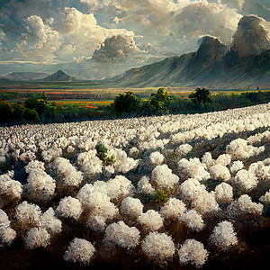 棉花田准备收割 雪山和云层场地蓝色山脉季节风景棉花草农村植物学高地植物群图片