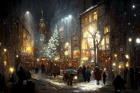 夜里拥挤的圣诞节欧洲街头 神经网络创造艺术 笑声树木汽车房屋市场街道城市想像力装饰人工智能图片