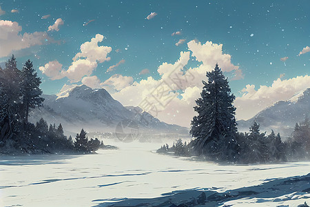 动画风格 美丽的高地雪雪景 2d图片
