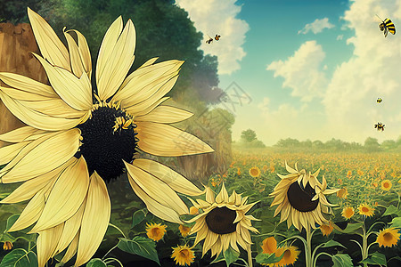 动画风格 蜜蜂在向日葵花2D上图片
