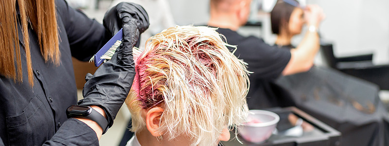 专业理发师用刷子把粉红色染色涂在头发上 毛发彩色概念发型工作横幅护理美容师造型师顾客发型师沙龙金发图片