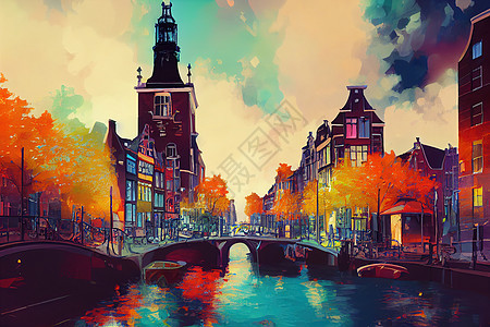 阿姆斯特丹抽象城市 2d 动画插图游客街道旅游建筑学房子旅行文化建筑历史景观图片