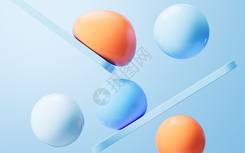 软球和抽象几何背景 3D投影橙子弹性娱乐卡通片渲染梦幻圆形几何学塑料蓝色图片