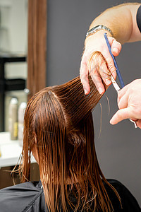 男性发型师在理发厅剪棕色头发 剪剪刀的毛发修剪造型师黑发女性顾客沙龙理发师女孩客厅工人图片